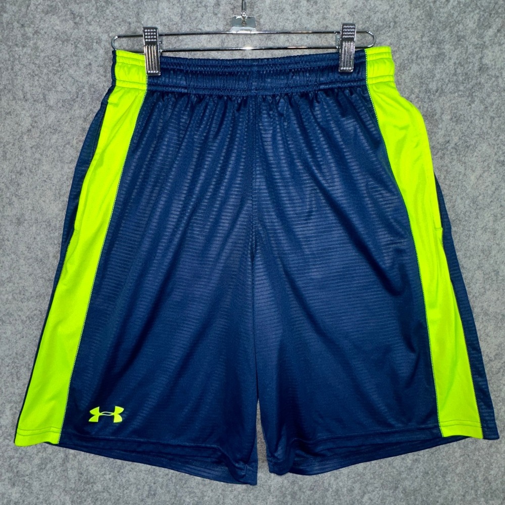 Under Armour Shorts Mens Small Blue Yellow Loose Fit Mesh Athletic Pockets 2598